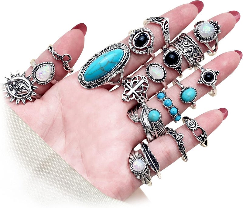 17IF Vintage Silver Knuckle Rings Set for Women Men, Chunky Rings Aesthetic Snake Grunge Stackable Gothic Ring Adjustable Y2K Punk Bulky Boho Finger Alt of Rings, Stacking Fairy Skull Frog Heart Star Flower Midi Ring Pack - Image 1